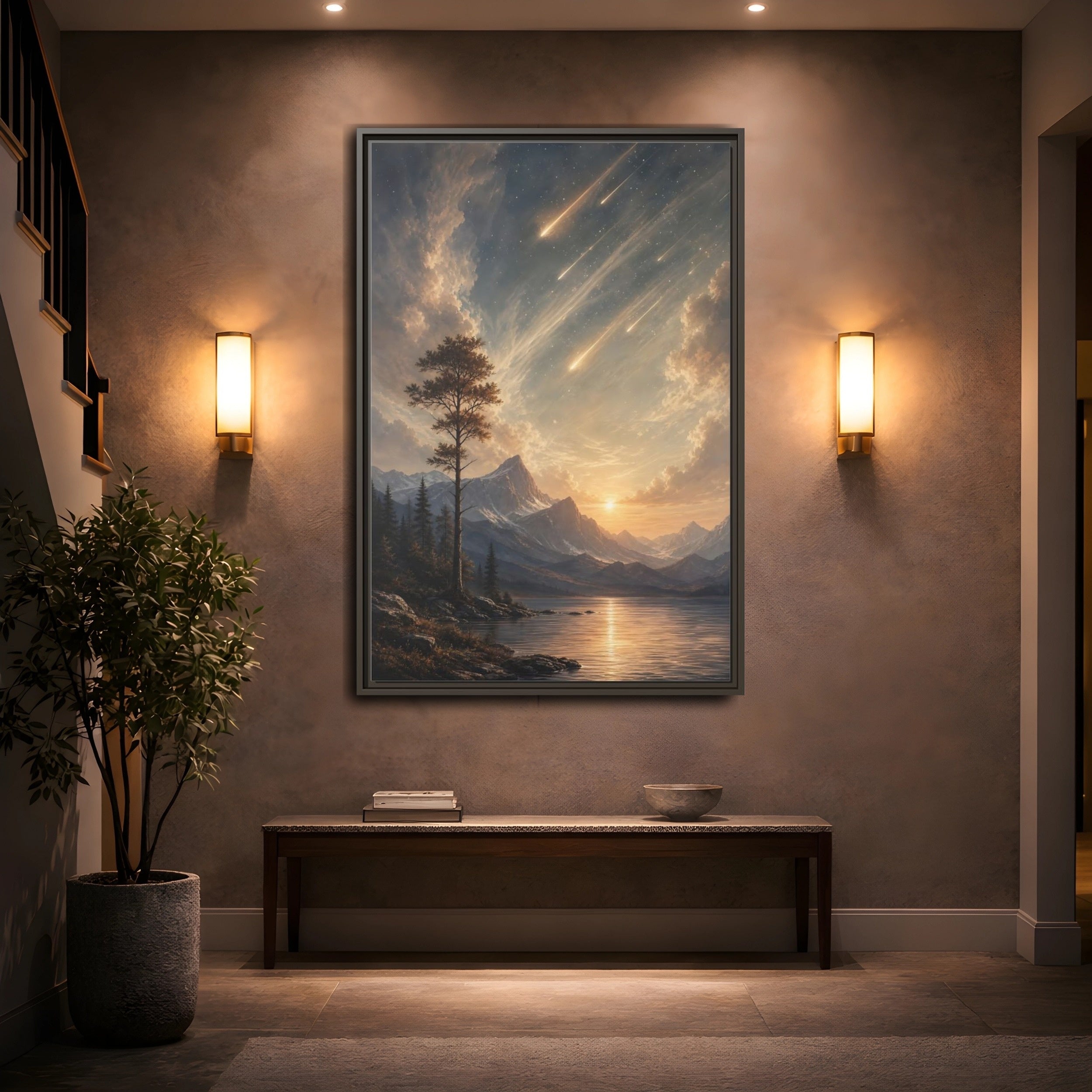 Mockup 2. Nature Mountain Landscape Warm Mountain Lake shown as stretched canvas wall art
