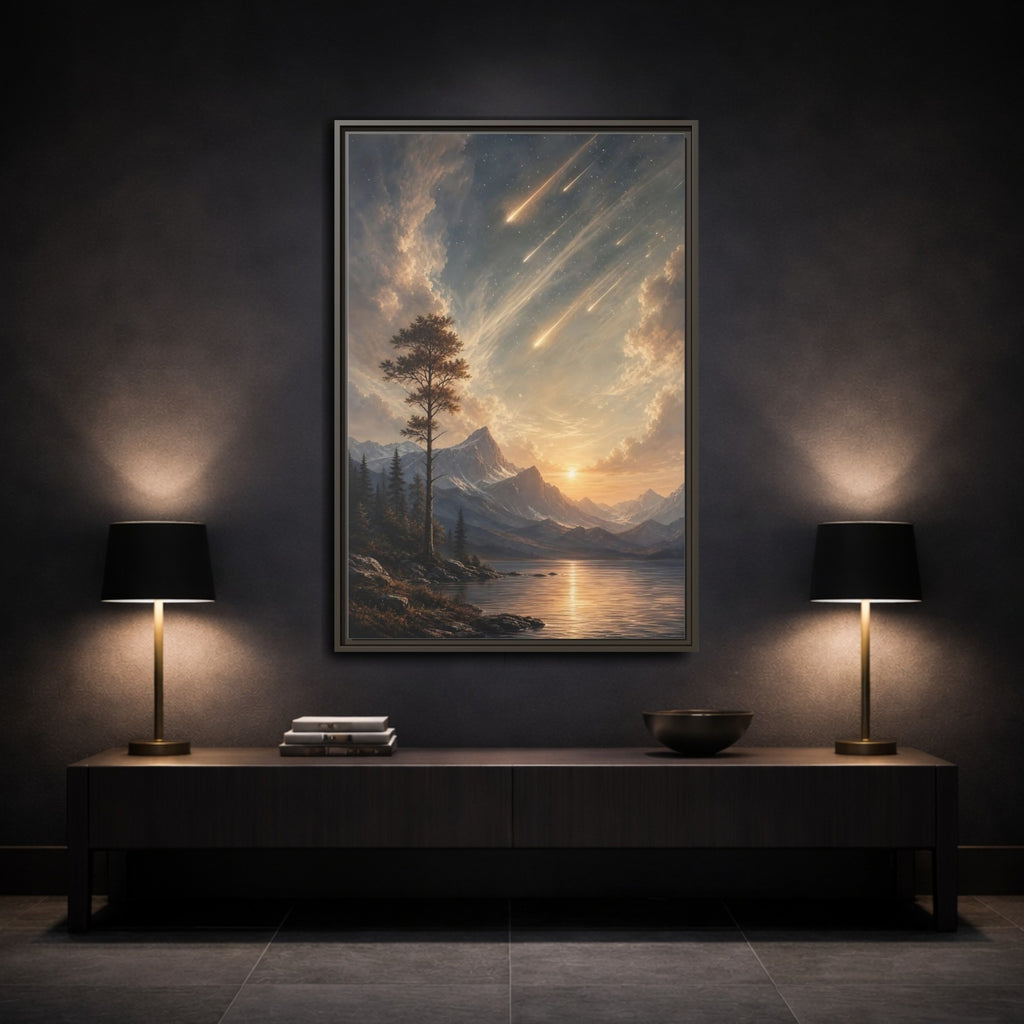 Mockup 3. Nature Mountain Landscape Warm Mountain Lake shown as stretched canvas wall art