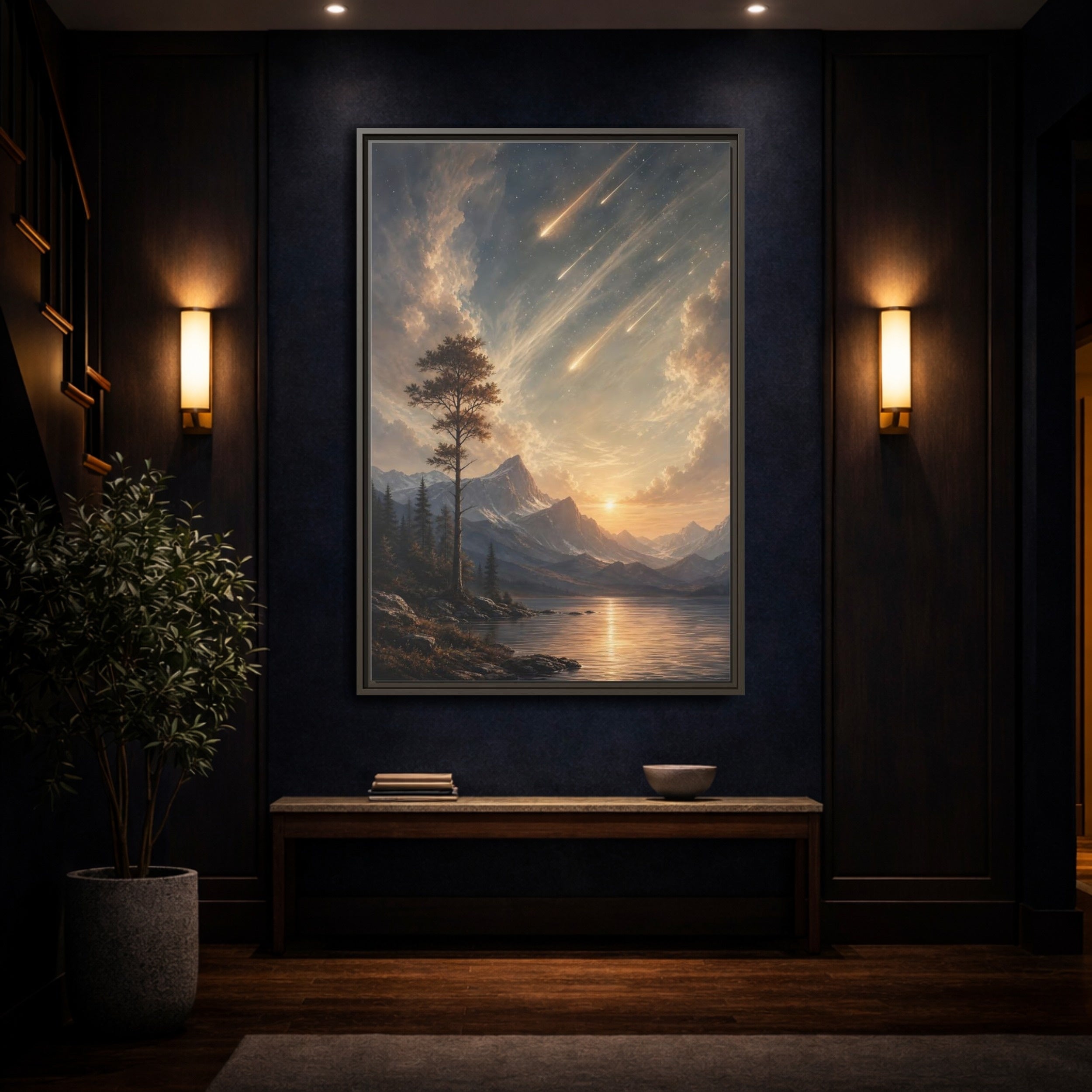 Mockup 4. Nature Mountain Landscape Warm Mountain Lake shown as stretched canvas wall art