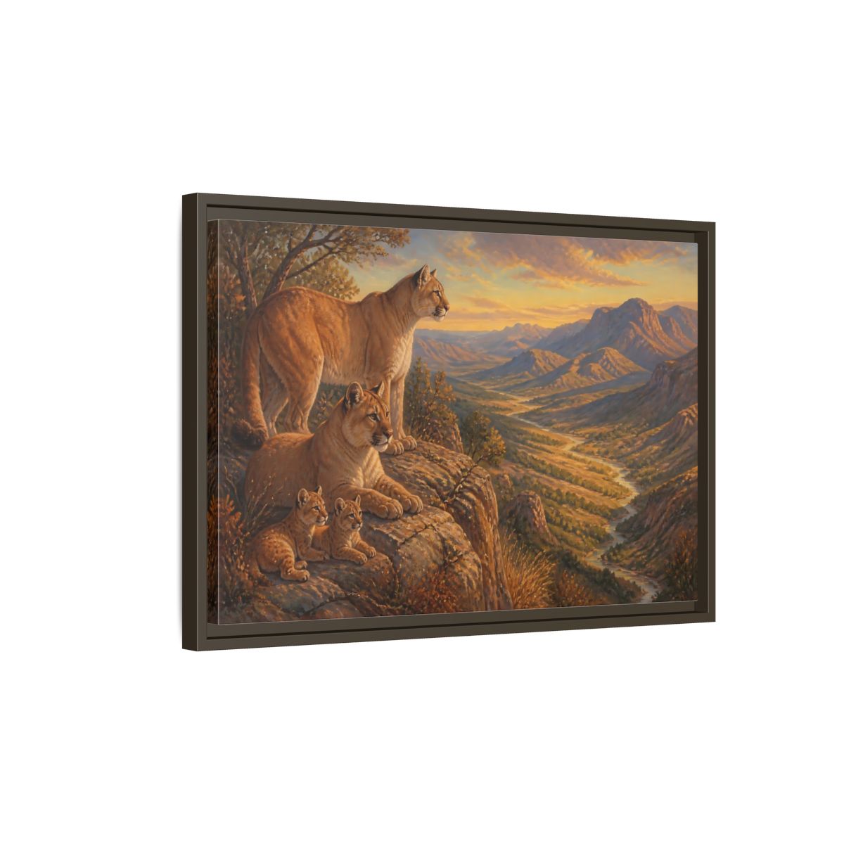 Side Mockup 2. Nature Mountain Lions Warm Mountain Landscape shown as stretched canvas wall art