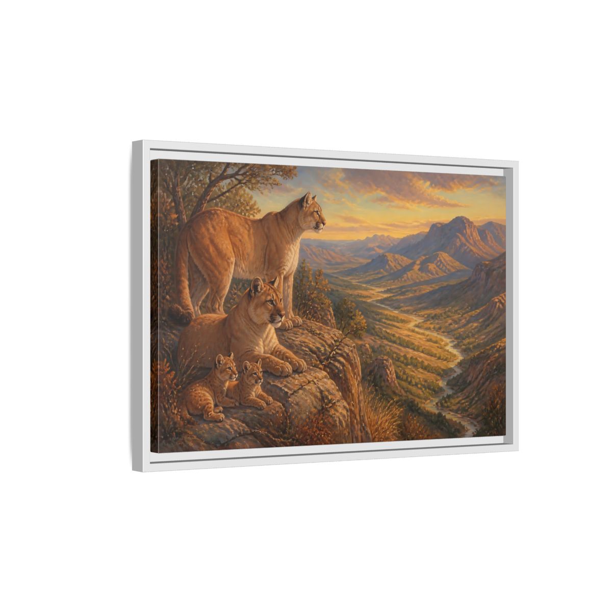 Side Mockup 1. Nature Mountain Lions Warm Mountain Landscape shown as stretched canvas wall art