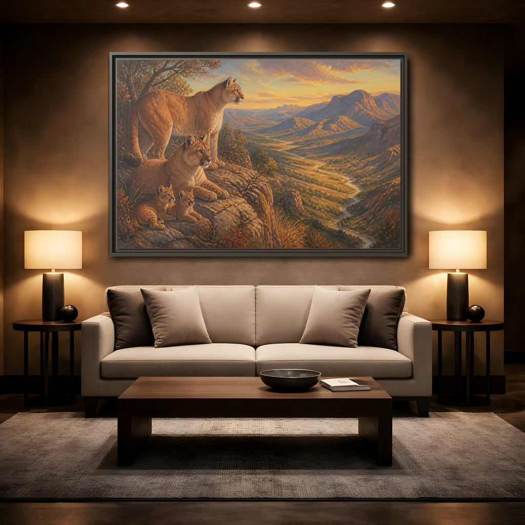 Mockup 2. Nature Mountain Lions Warm Mountain Landscape shown as stretched canvas wall art