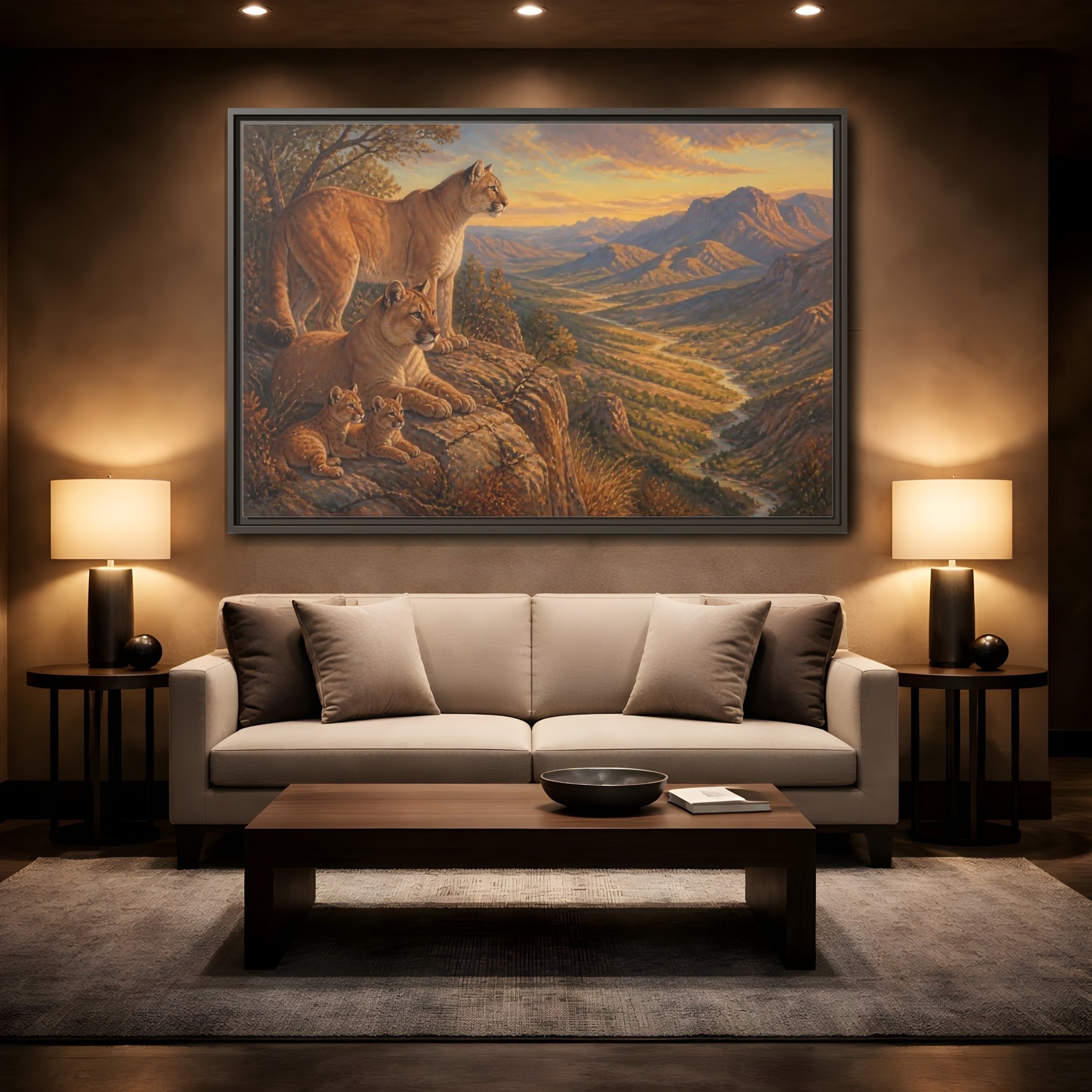Mockup 2. Nature Mountain Lions Warm Mountain Landscape shown as stretched canvas wall art