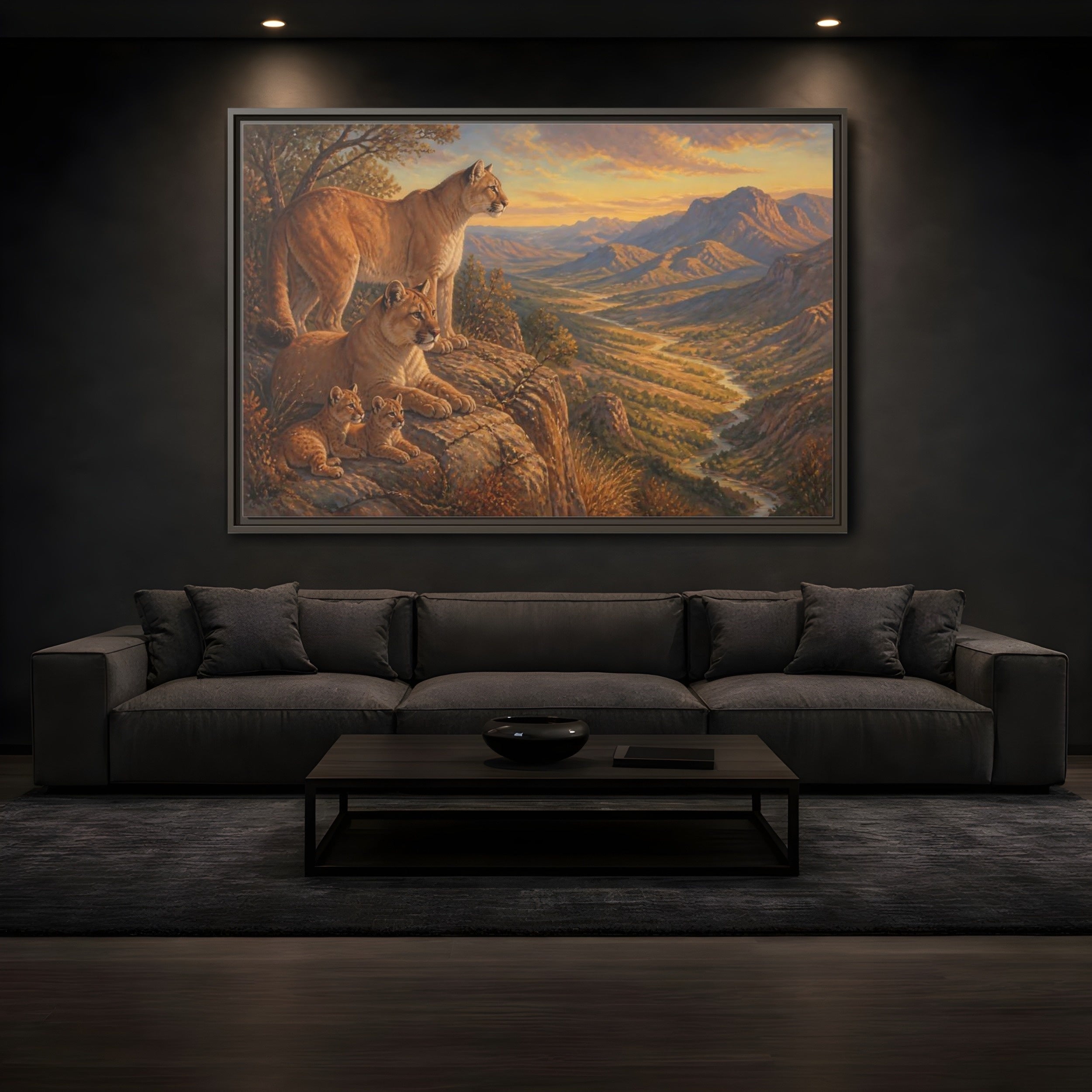 Mockup 3. Nature Mountain Lions Warm Mountain Landscape shown as stretched canvas wall art