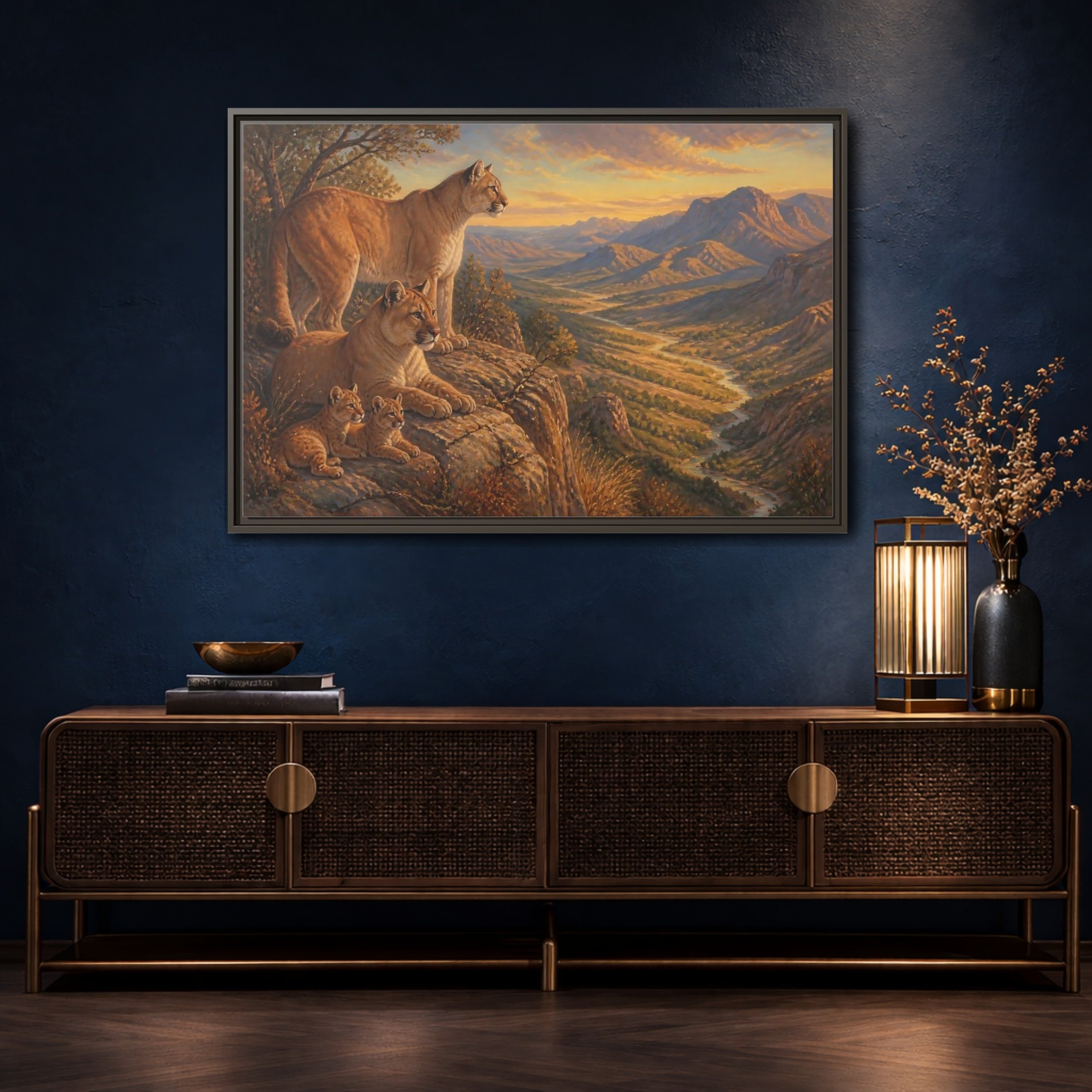 Mockup 4. Nature Mountain Lions Warm Mountain Landscape shown as stretched canvas wall art