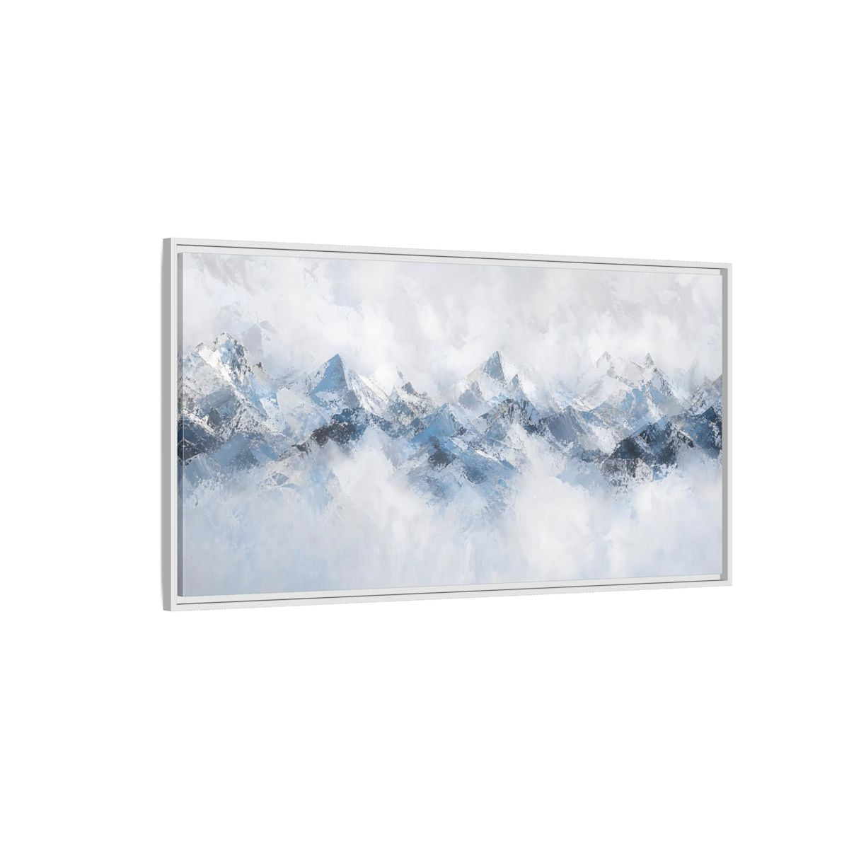Side Mockup 3. Nature Mountain Range Blue And White Mountains shown as stretched canvas wall art