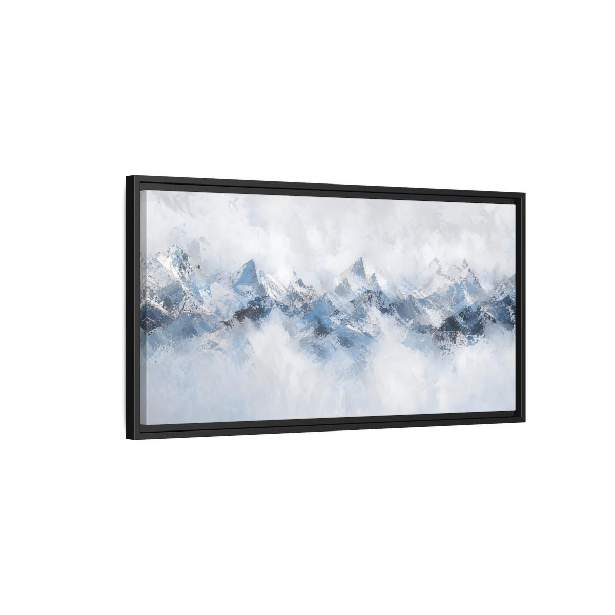 Side Mockup 2. Nature Mountain Range Blue And White Mountains shown as stretched canvas wall art