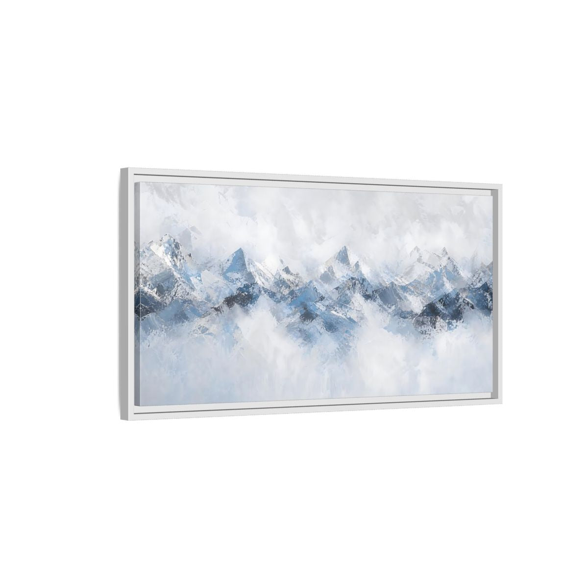 Side Mockup 1. Nature Mountain Range Blue And White Mountains shown as stretched canvas wall art