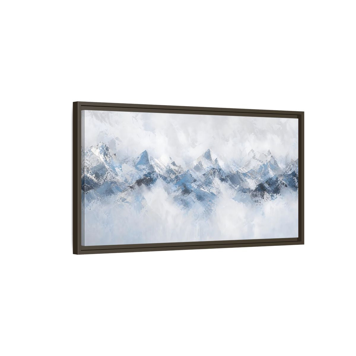 Main Mockup. Nature Mountain Range Blue And White Mountains shown as stretched canvas wall art