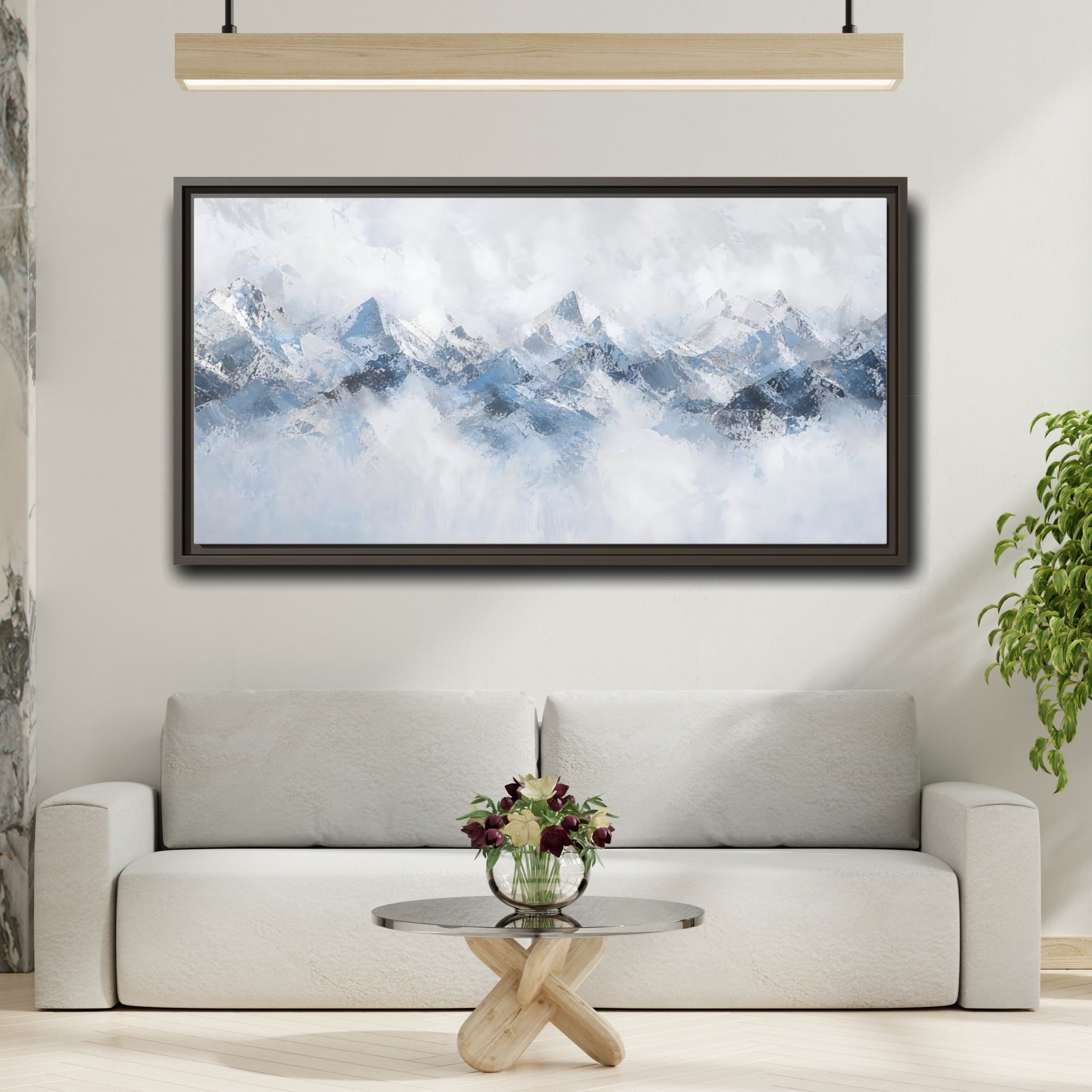 Mockup 2. Nature Mountain Range Blue And White Mountains shown as stretched canvas wall art