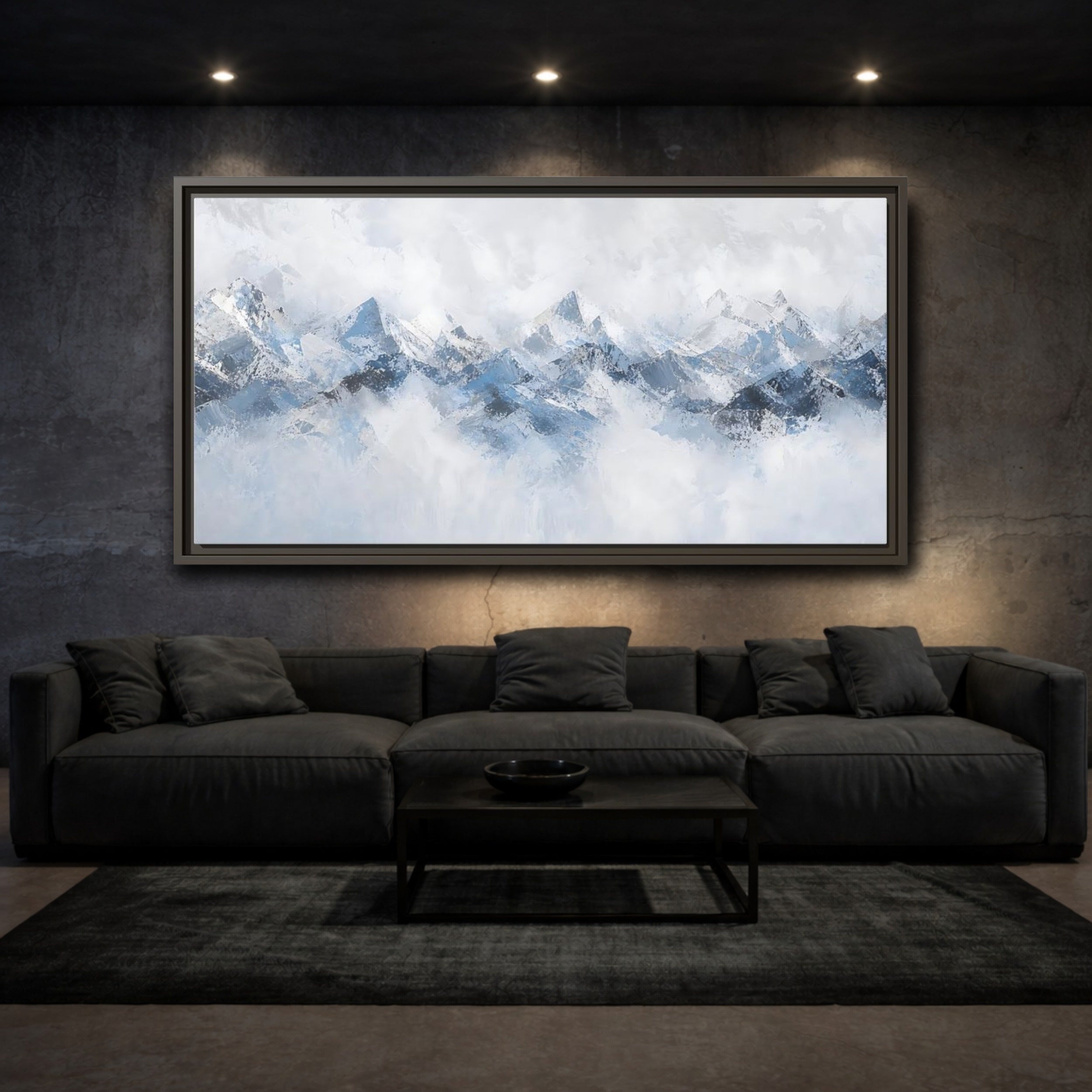 Mockup 3. Nature Mountain Range Blue And White Mountains shown as stretched canvas wall art