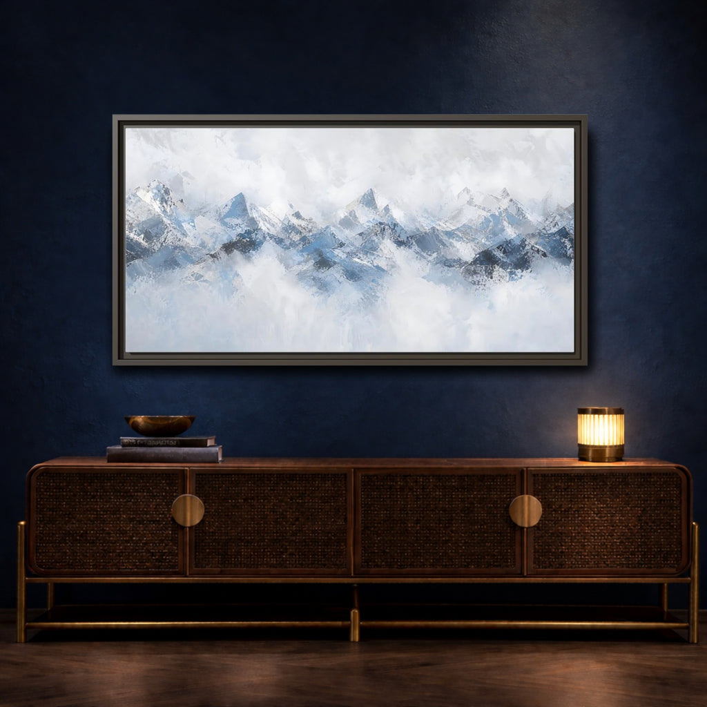 Mockup 4. Nature Mountain Range Blue And White Mountains shown as stretched canvas wall art