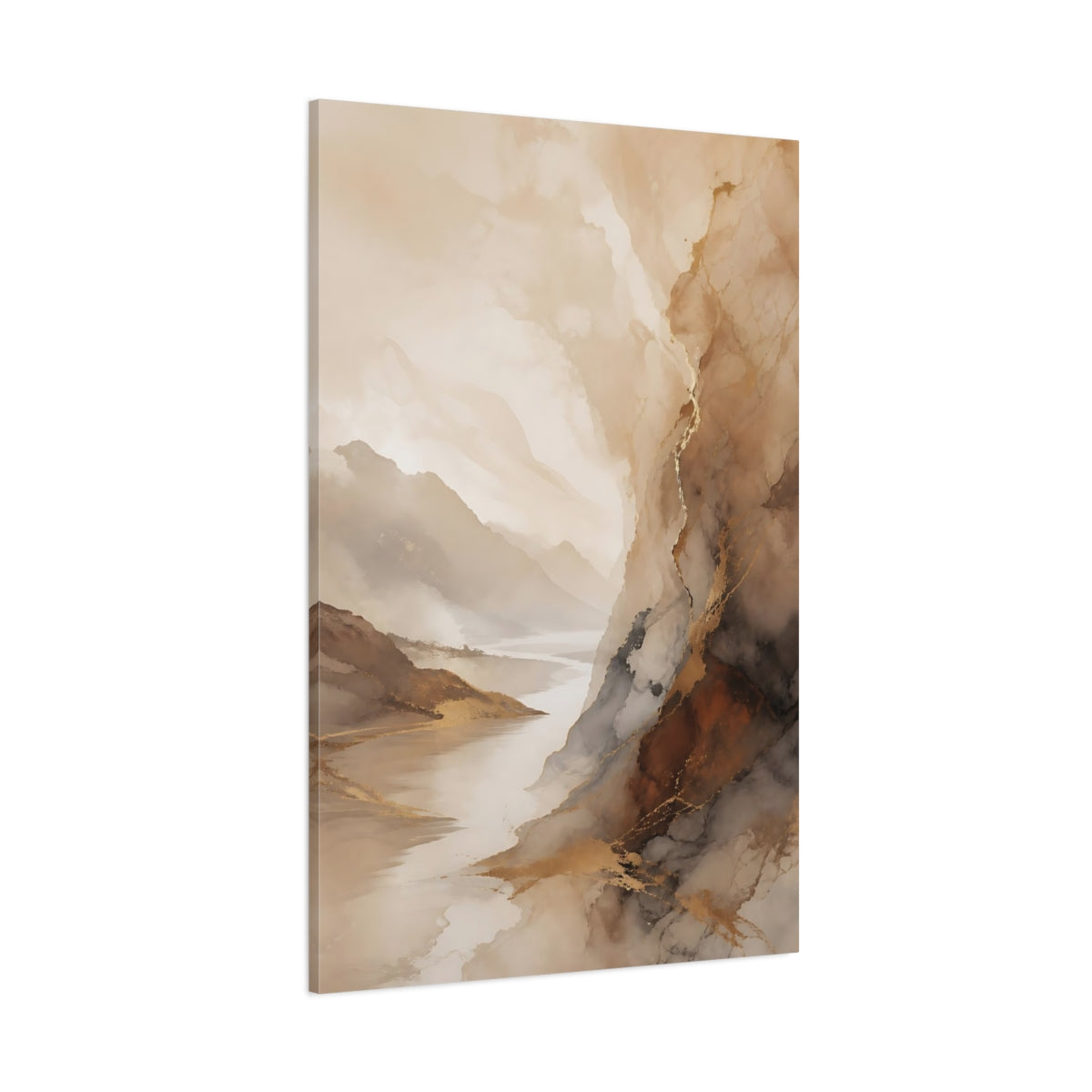 Side Mockup 1. Nature Mountain River Brown And Gold Landscape shown as stretched canvas wall art