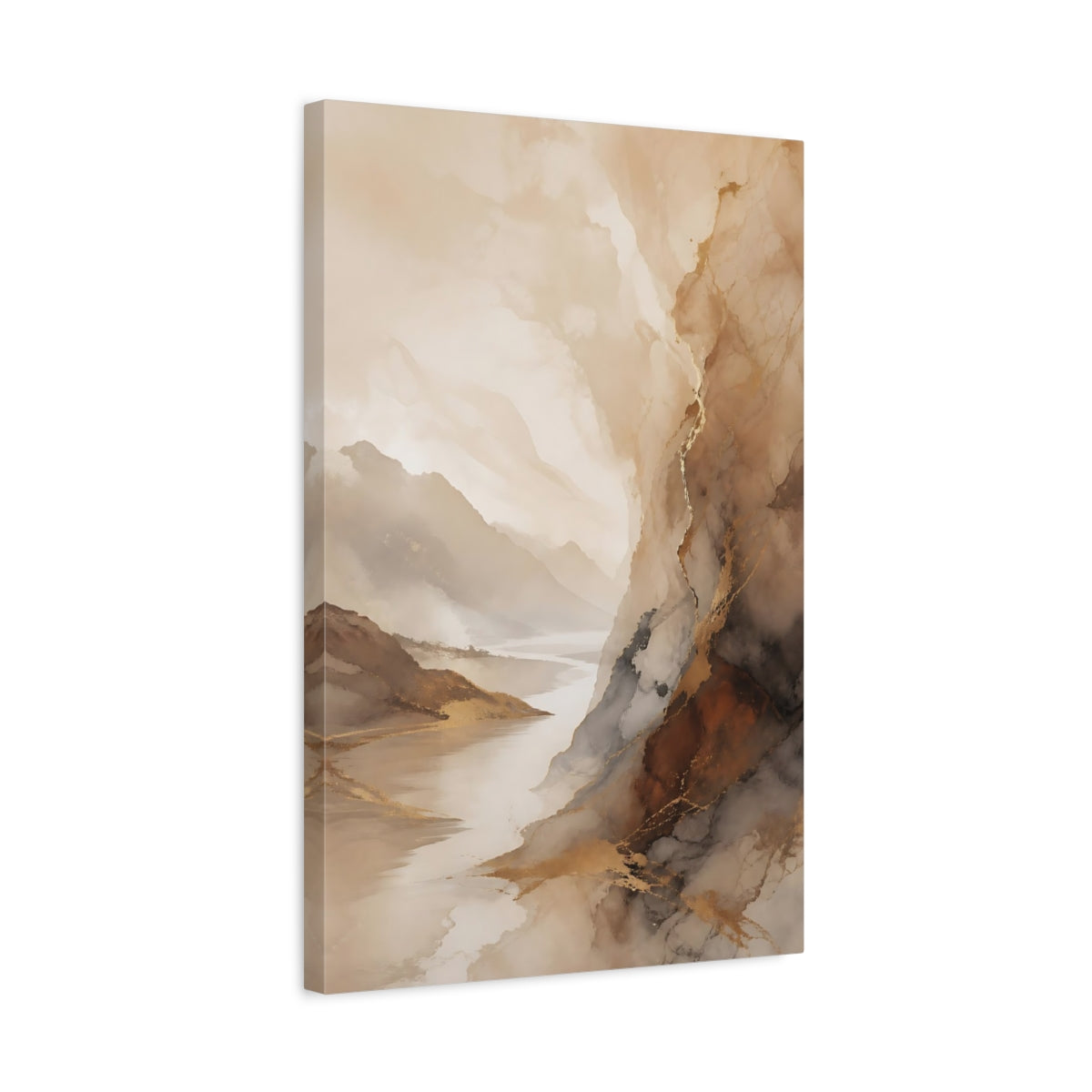 Side Mockup 3. Nature Mountain River Brown And Gold Landscape shown as stretched canvas wall art