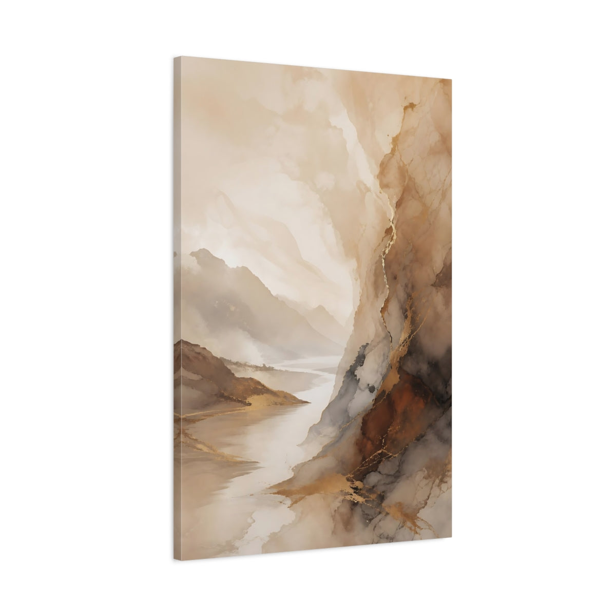 Main Mockup. Nature Mountain River Brown And Gold Landscape shown as stretched canvas wall art