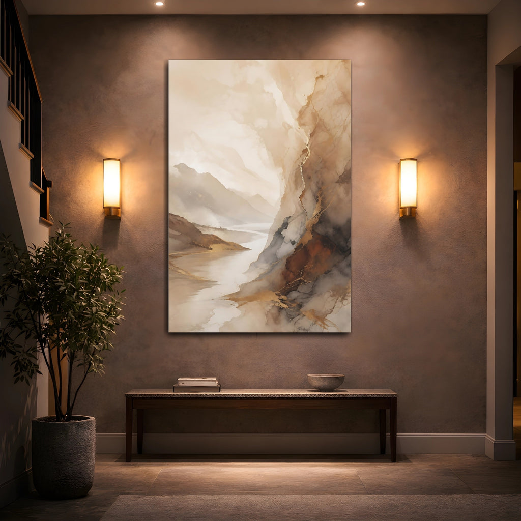 Mockup 2. Nature Mountain River Brown And Gold Landscape shown as stretched canvas wall art