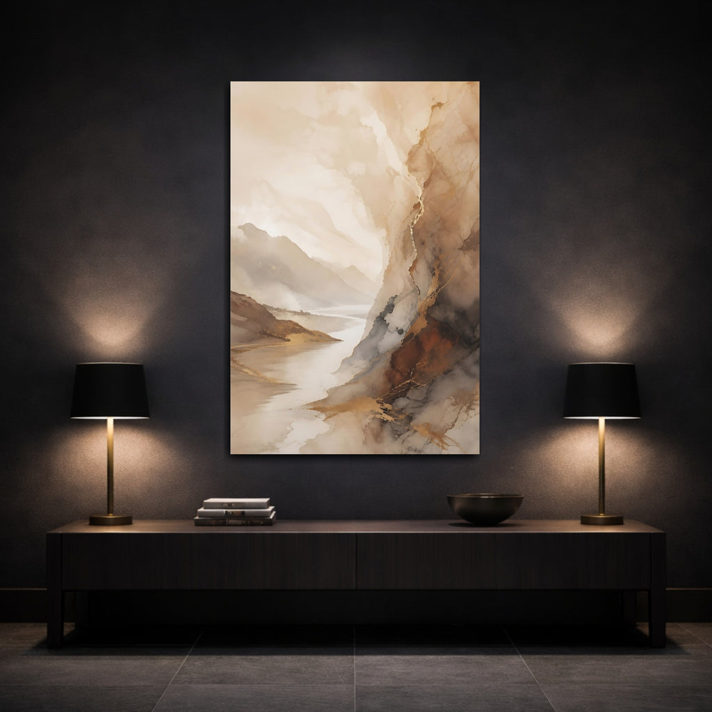 Mockup 3. Nature Mountain River Brown And Gold Landscape shown as stretched canvas wall art