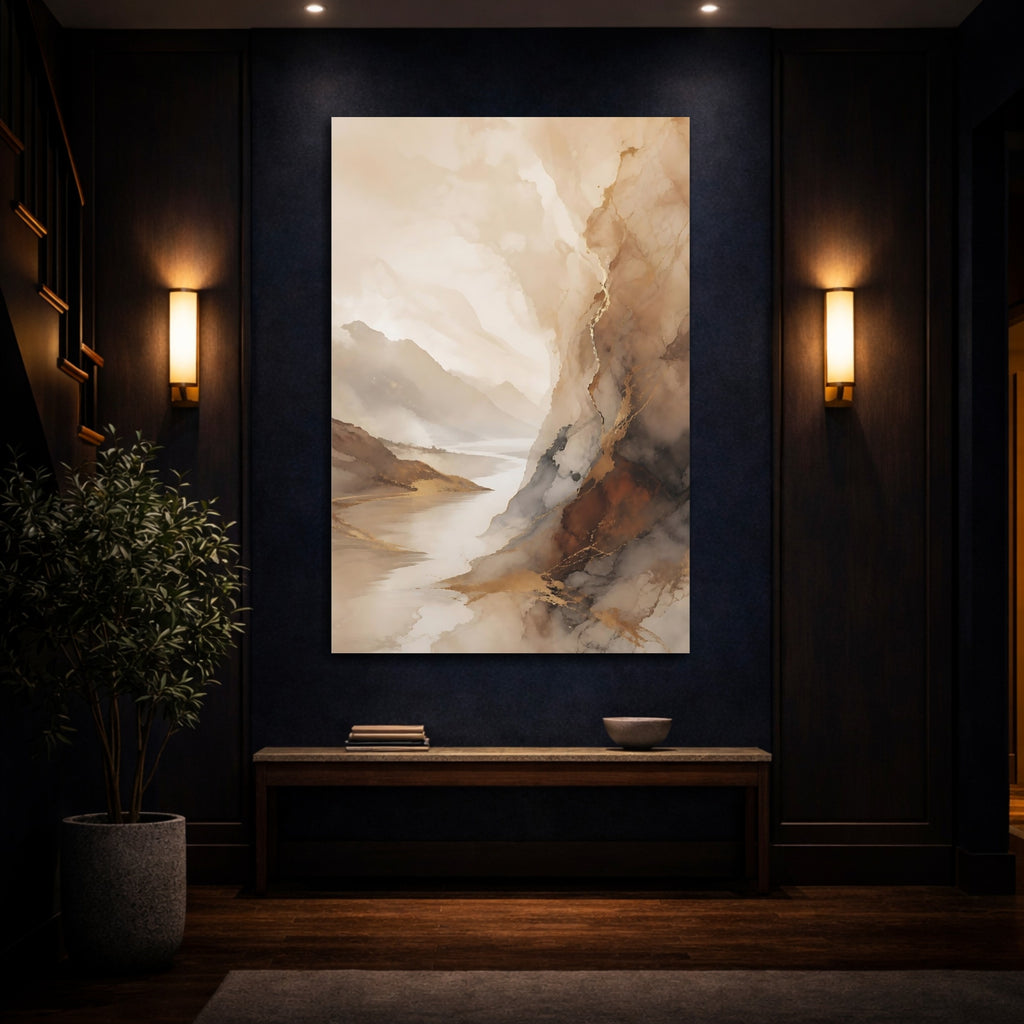 Mockup 4. Nature Mountain River Brown And Gold Landscape shown as stretched canvas wall art
