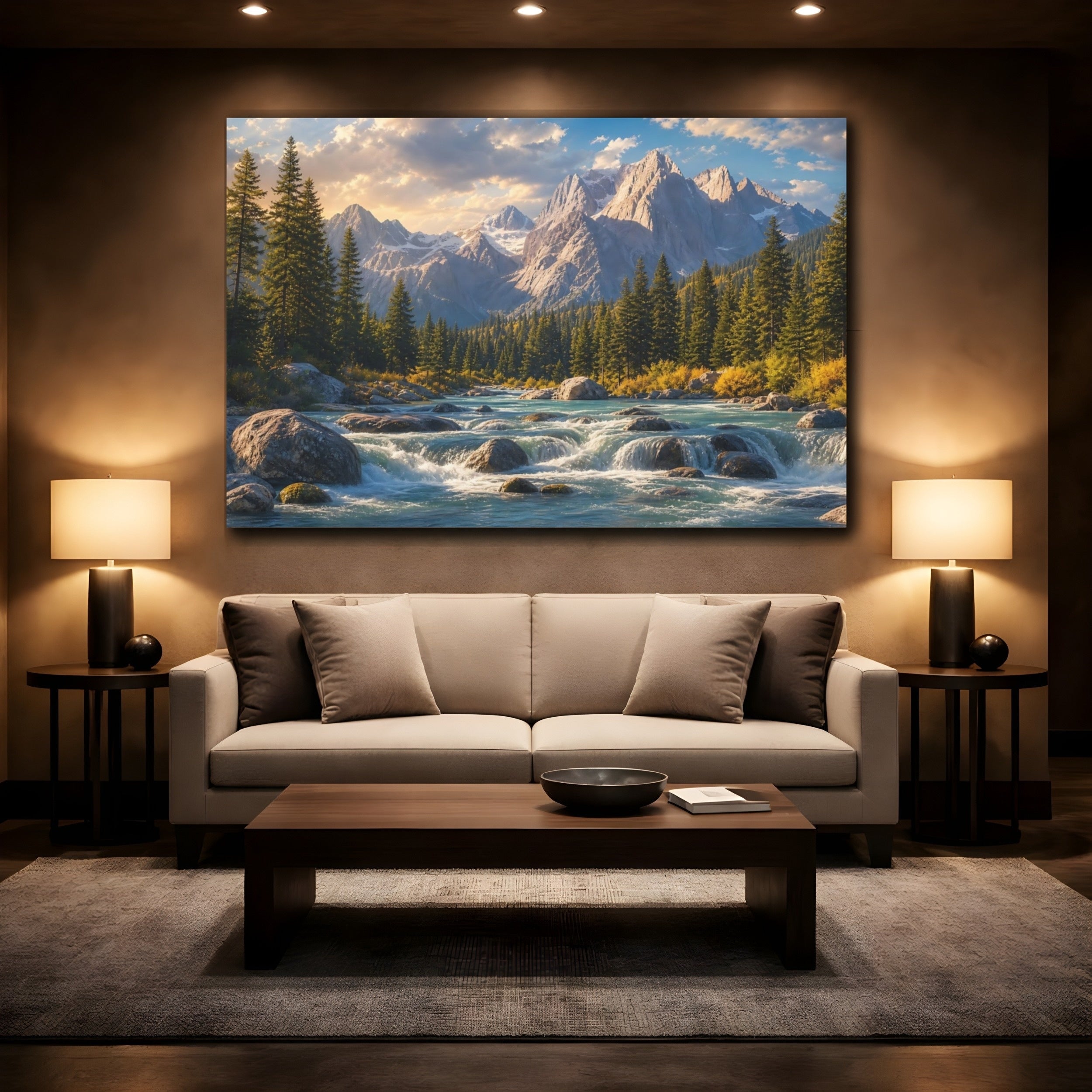 Mockup 2. Nature Mountain River Mountain River Scene shown as canvas print