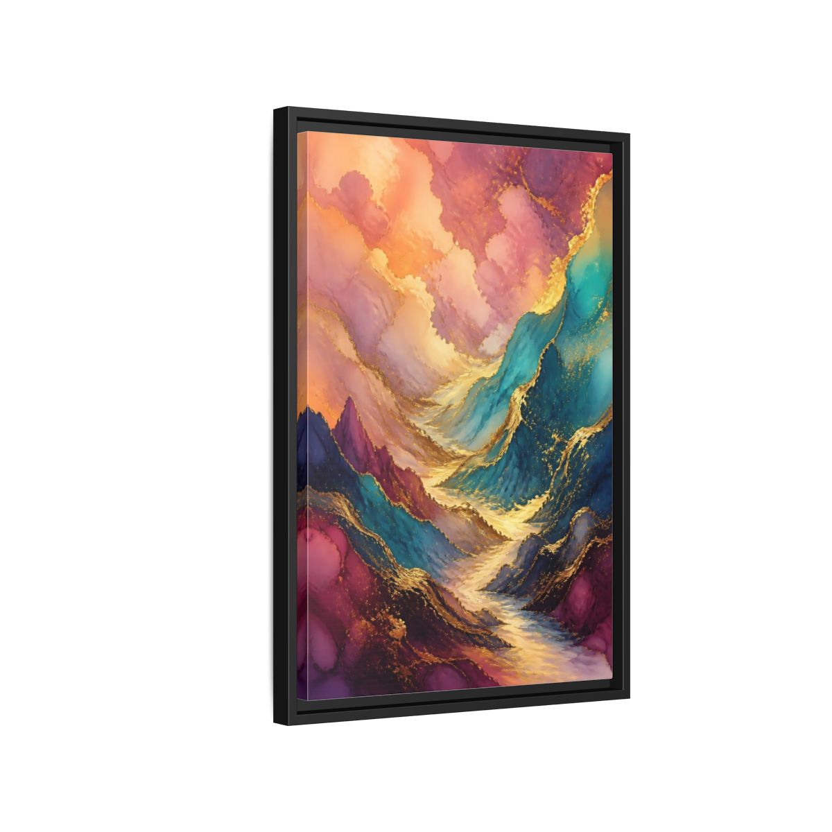 Side Mockup 3. Nature Mountain Valley Colorful Gold shown as stretched canvas wall art