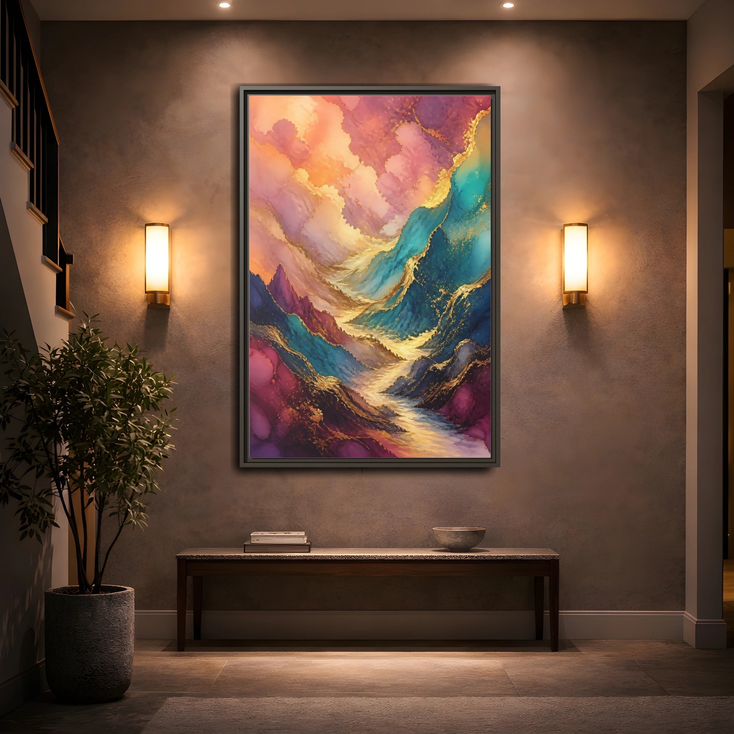 Mockup 2. Nature Mountain Valley Colorful Gold shown as stretched canvas wall art