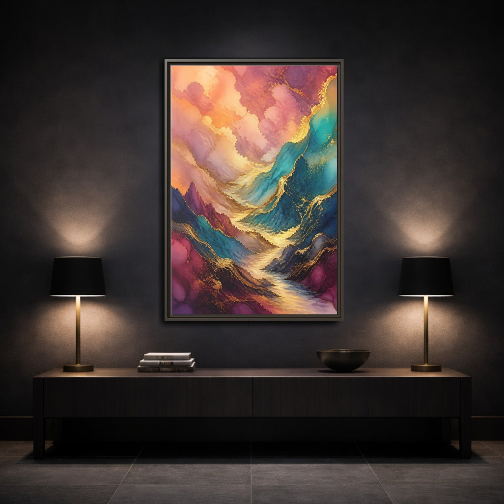 Mockup 3. Nature Mountain Valley Colorful Gold shown as stretched canvas wall art