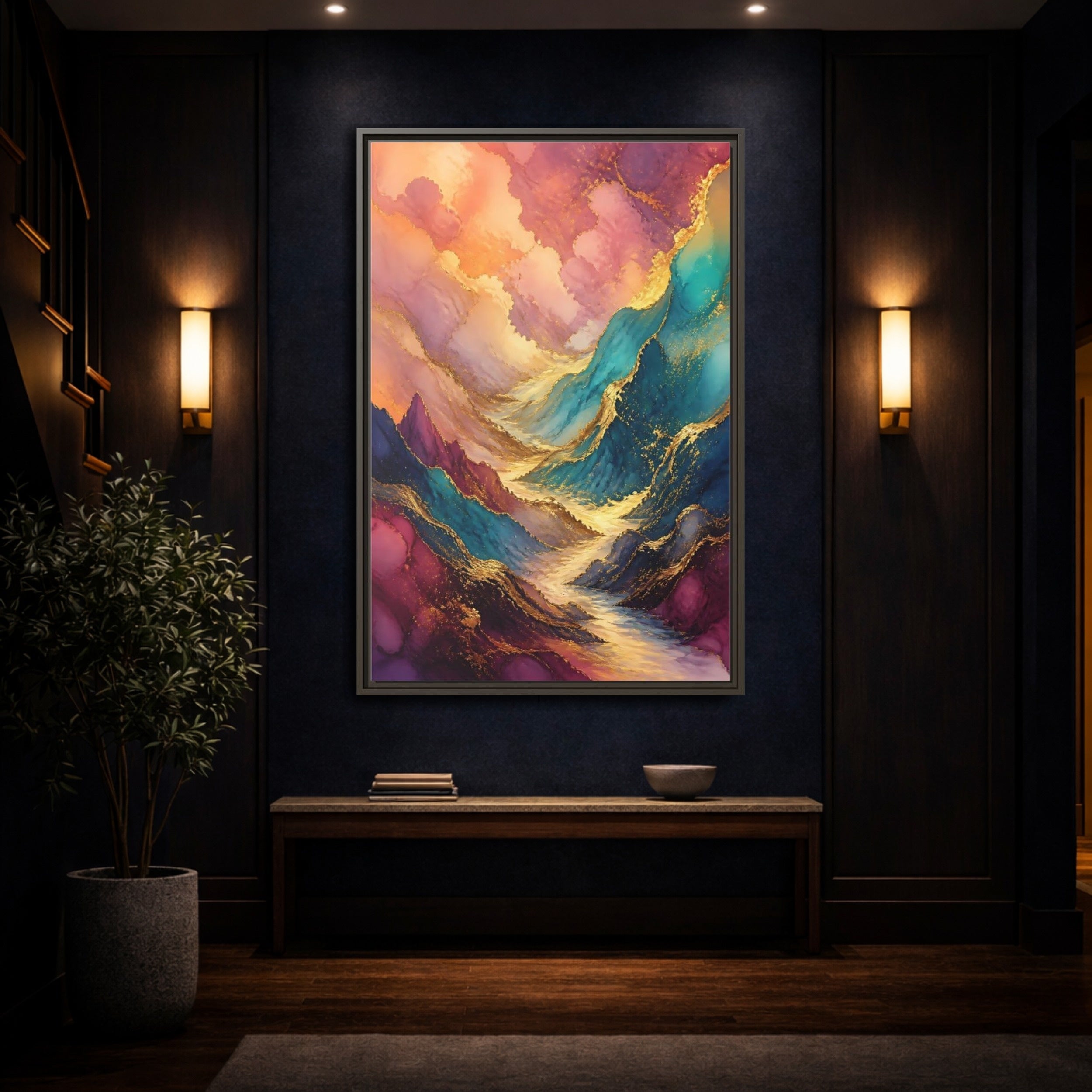 Mockup 4. Nature Mountain Valley Colorful Gold shown as stretched canvas wall art