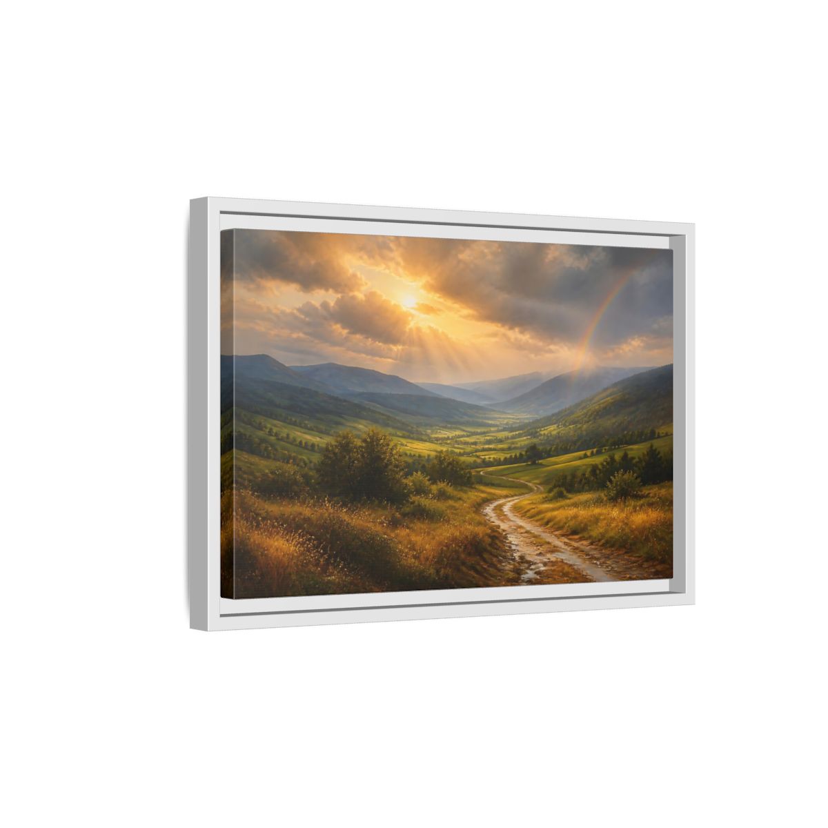 Side Mockup 4. Nature Mountain Valley Golden Green Landscape shown as stretched canvas wall art