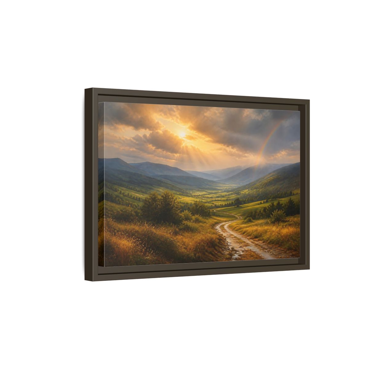 Side Mockup 5. Nature Mountain Valley Golden Green Landscape shown as stretched canvas wall art
