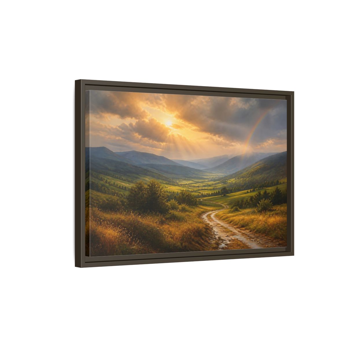 Side Mockup 2. Nature Mountain Valley Golden Green Landscape shown as stretched canvas wall art