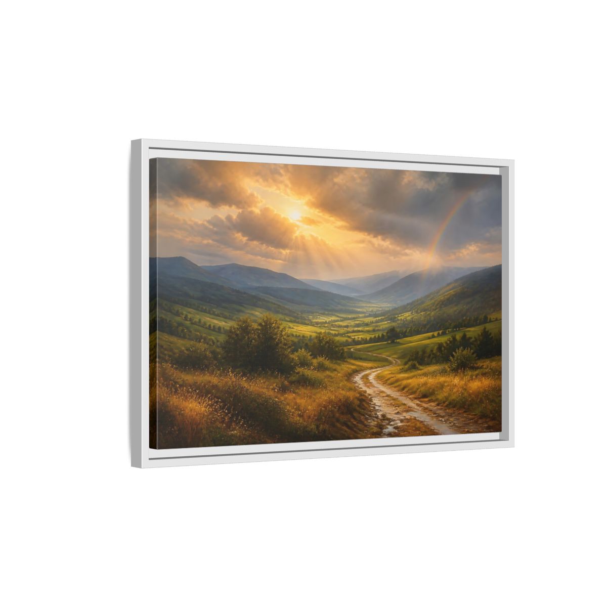 Side Mockup 1. Nature Mountain Valley Golden Green Landscape shown as stretched canvas wall art