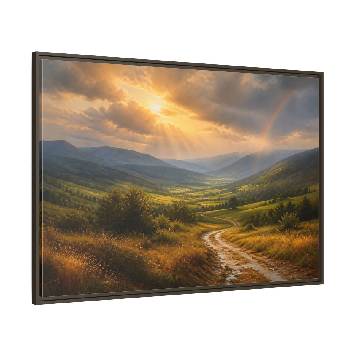 Side Mockup 8. Nature Mountain Valley Golden Green Landscape shown as stretched canvas wall art