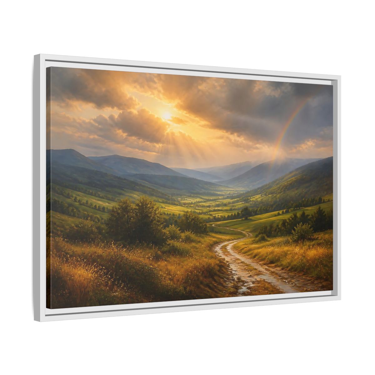 Side Mockup 10. Nature Mountain Valley Golden Green Landscape shown as stretched canvas wall art