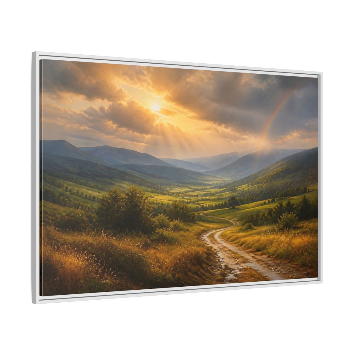 Side Mockup 7. Nature Mountain Valley Golden Green Landscape shown as stretched canvas wall art