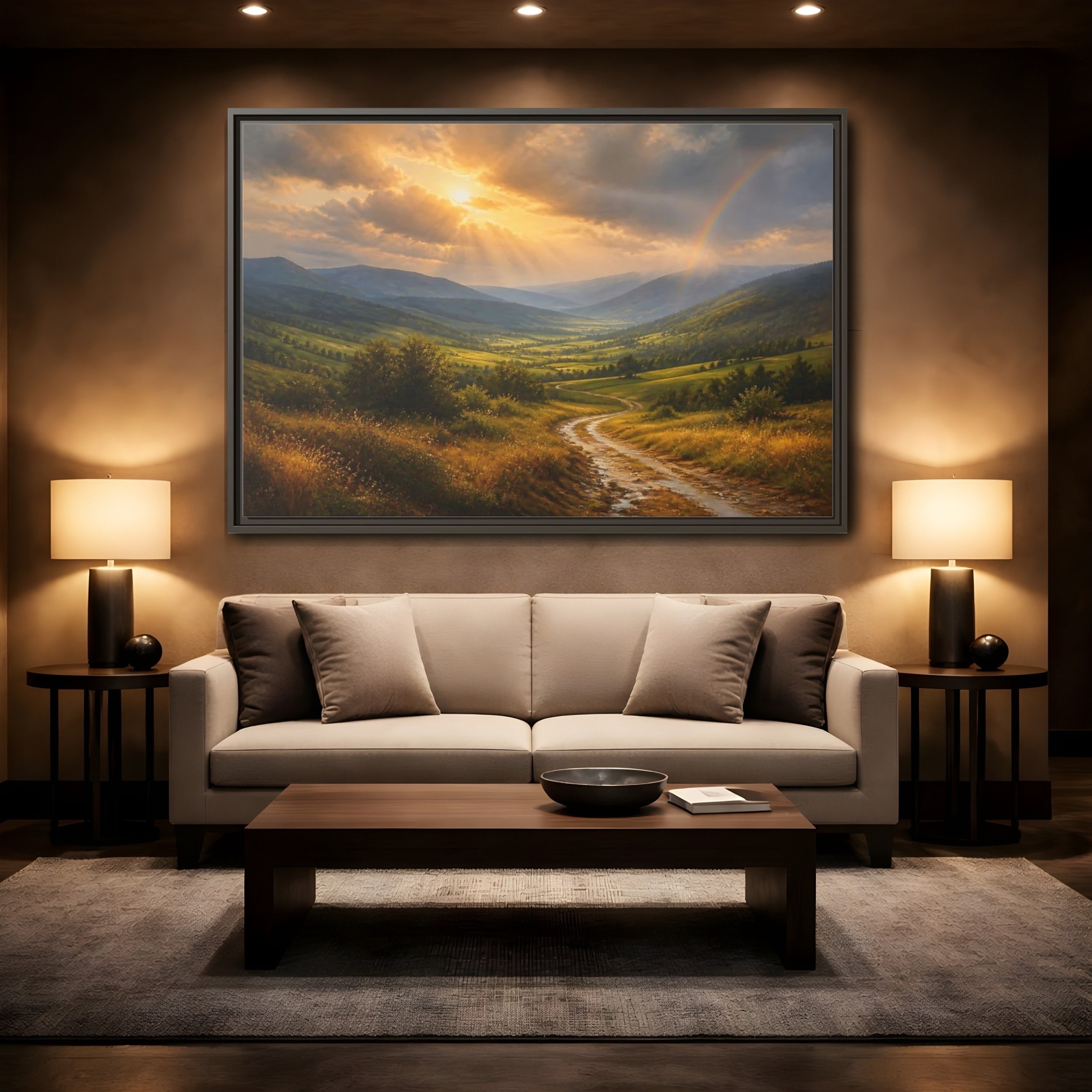 Mockup 2. Nature Mountain Valley Golden Green Landscape shown as stretched canvas wall art