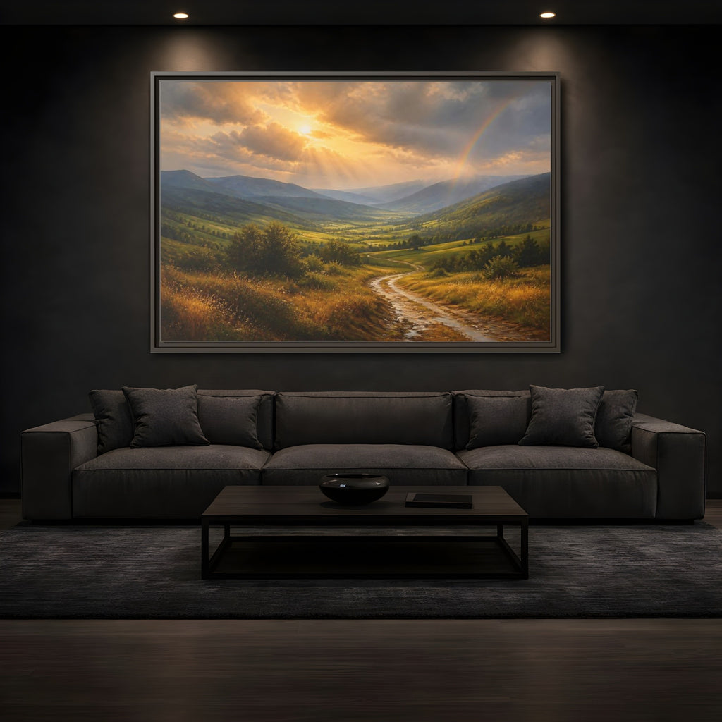 Mockup 3. Nature Mountain Valley Golden Green Landscape shown as stretched canvas wall art