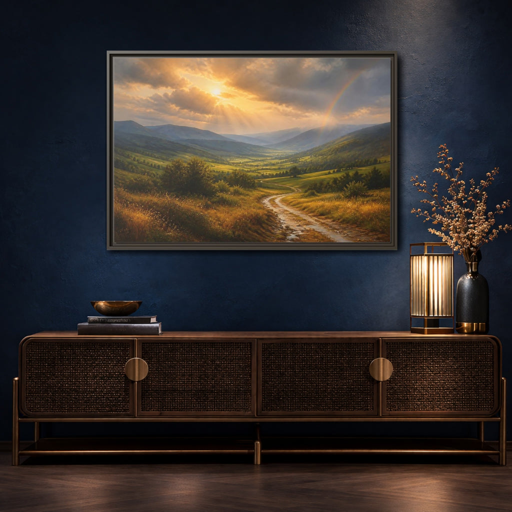 Mockup 4. Nature Mountain Valley Golden Green Landscape shown as stretched canvas wall art