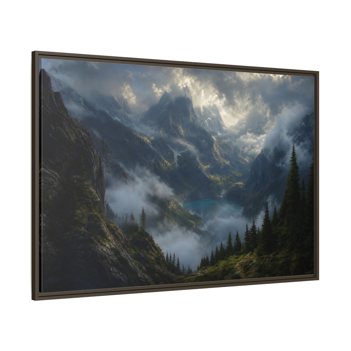 Side Mockup 8. Nature Mountain Valley Misty Mountain Lake shown as stretched canvas wall art
