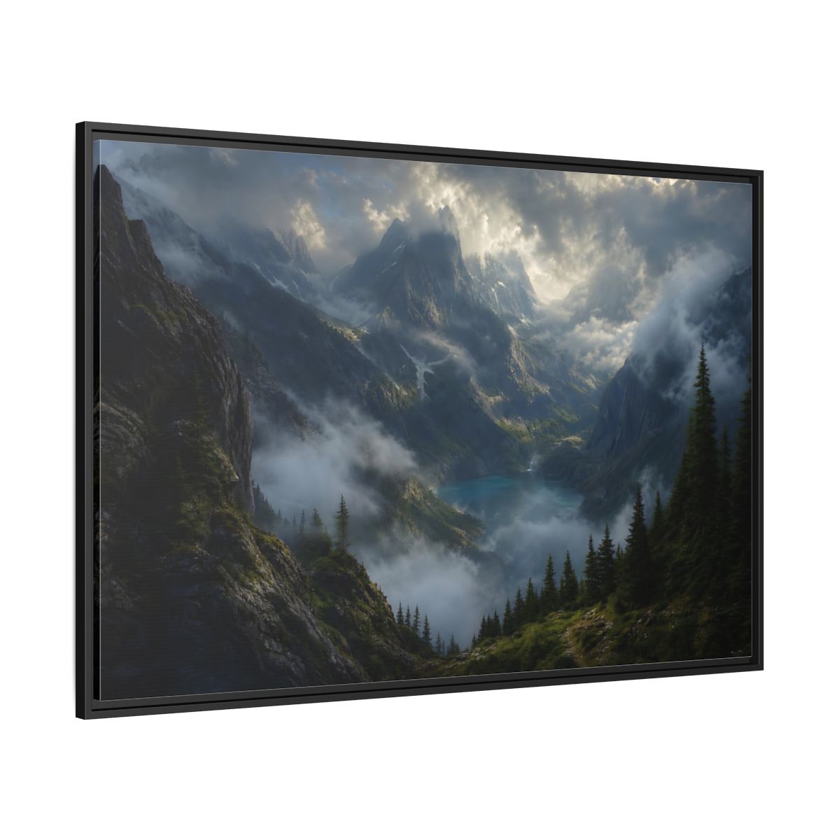 Side Mockup 12. Nature Mountain Valley Misty Mountain Lake shown as stretched canvas wall art