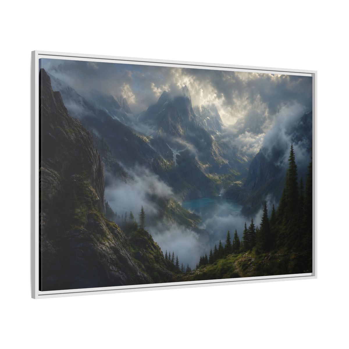 Side Mockup 7. Nature Mountain Valley Misty Mountain Lake shown as stretched canvas wall art