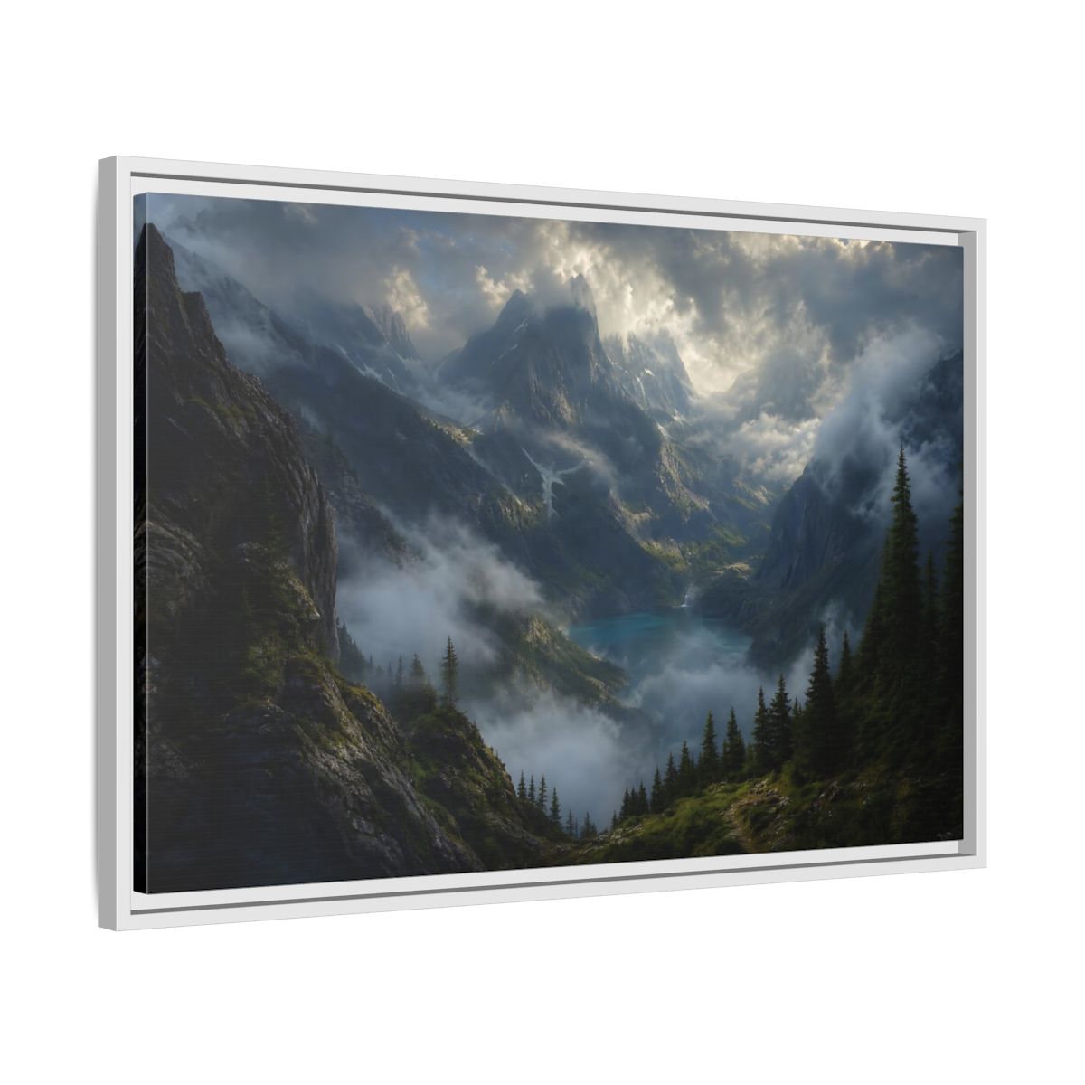 Side Mockup 10. Nature Mountain Valley Misty Mountain Lake shown as stretched canvas wall art