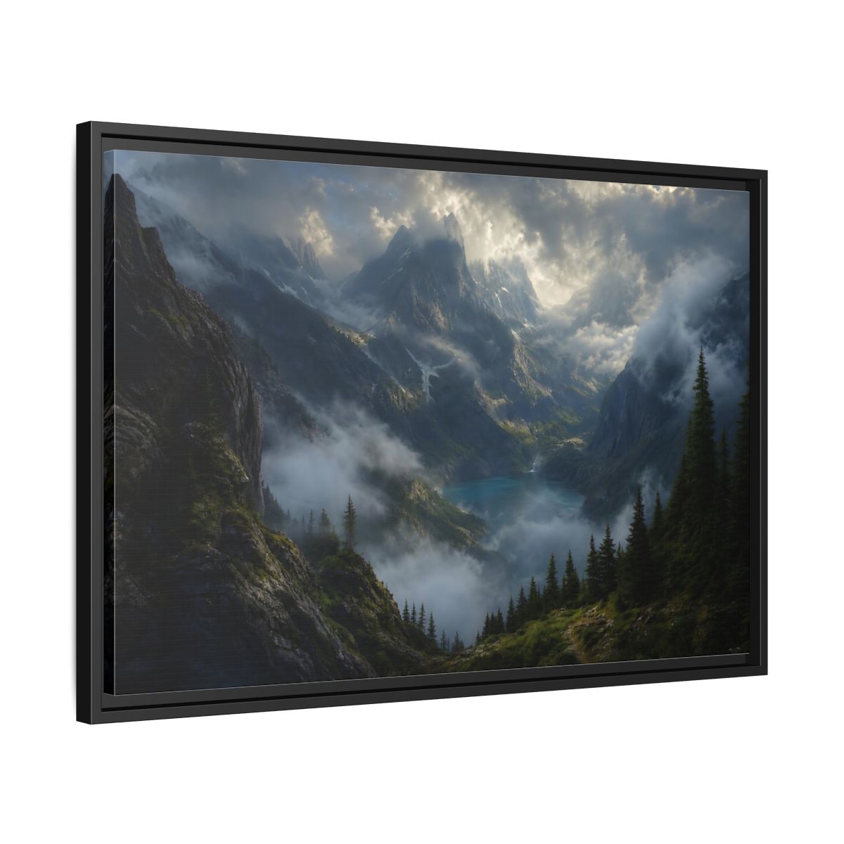 Side Mockup 14. Nature Mountain Valley Misty Mountain Lake shown as stretched canvas wall art