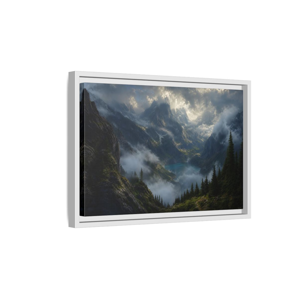 Side Mockup 4. Nature Mountain Valley Misty Mountain Lake shown as stretched canvas wall art