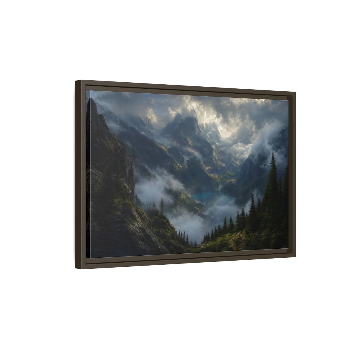 Side Mockup 2. Nature Mountain Valley Misty Mountain Lake shown as stretched canvas wall art