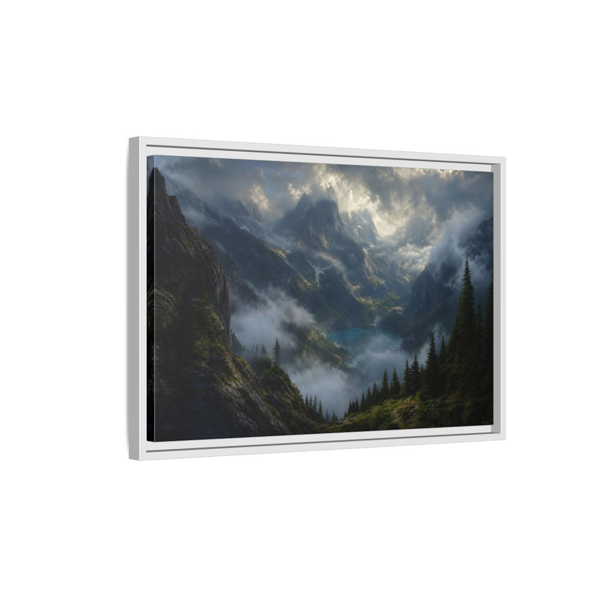 Side Mockup 1. Nature Mountain Valley Misty Mountain Lake shown as stretched canvas wall art