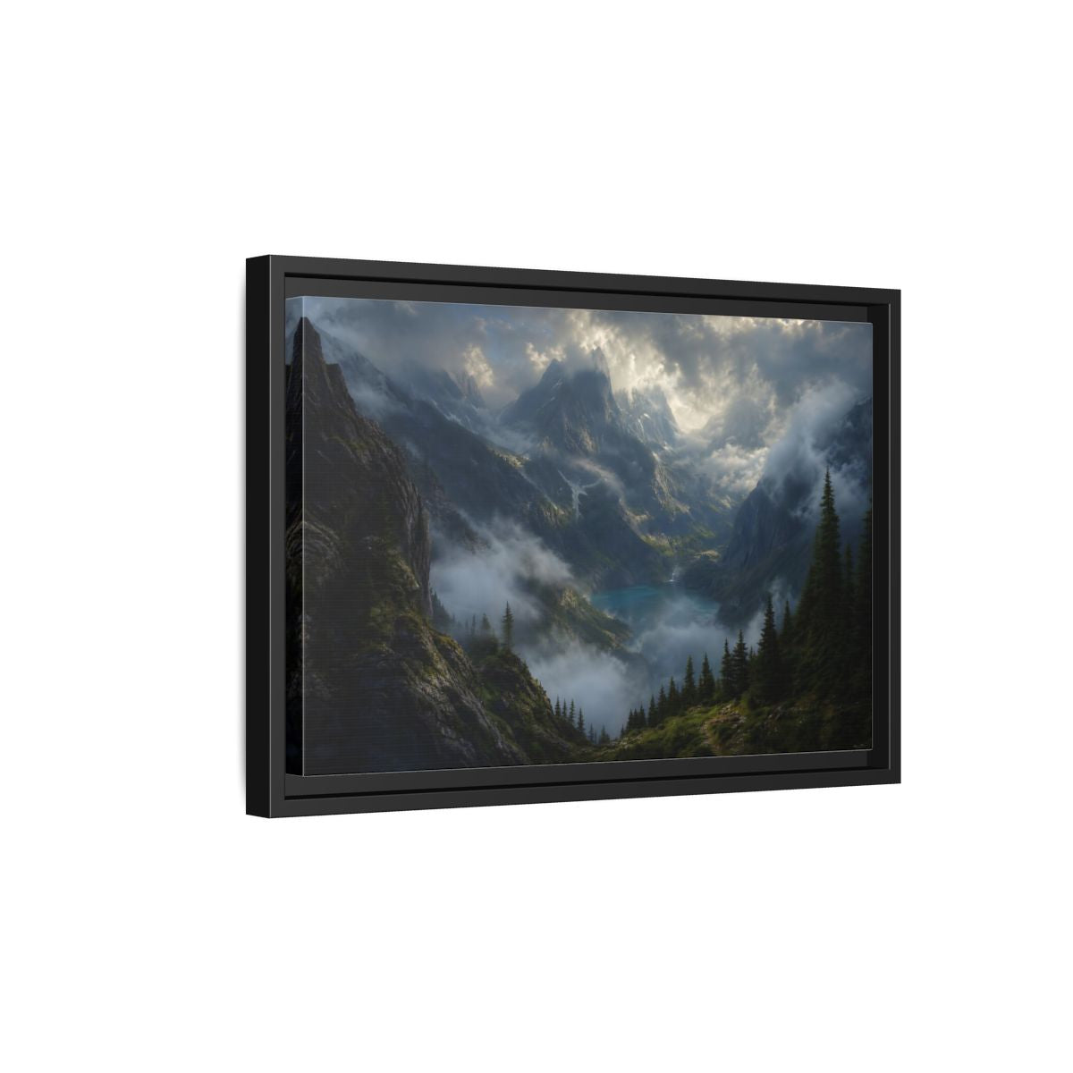 Side Mockup 6. Nature Mountain Valley Misty Mountain Lake shown as stretched canvas wall art