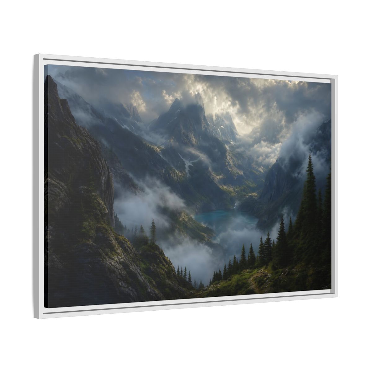 Side Mockup 9. Nature Mountain Valley Misty Mountain Lake shown as stretched canvas wall art