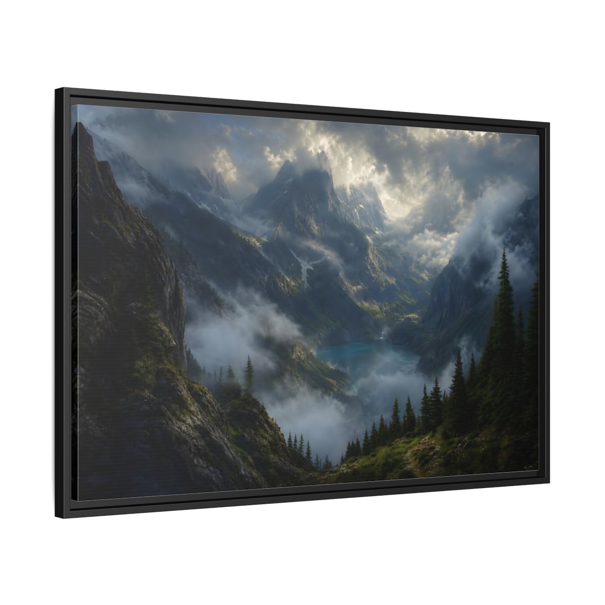 Side Mockup 13. Nature Mountain Valley Misty Mountain Lake shown as stretched canvas wall art