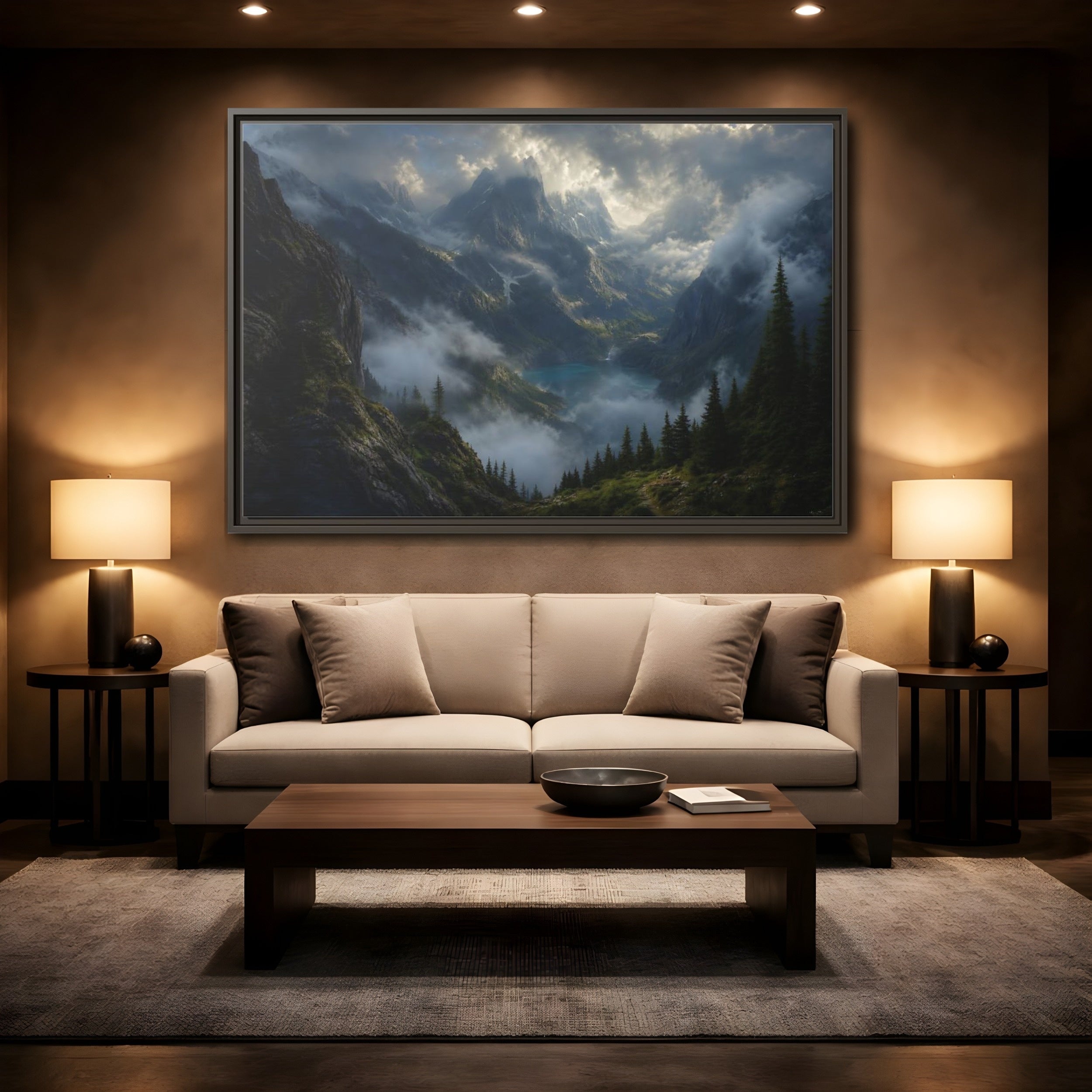 Mockup 2. Nature Mountain Valley Misty Mountain Lake shown as stretched canvas wall art