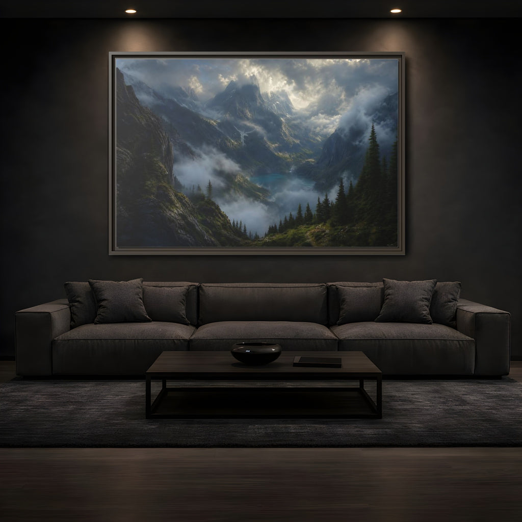 Mockup 3. Nature Mountain Valley Misty Mountain Lake shown as stretched canvas wall art